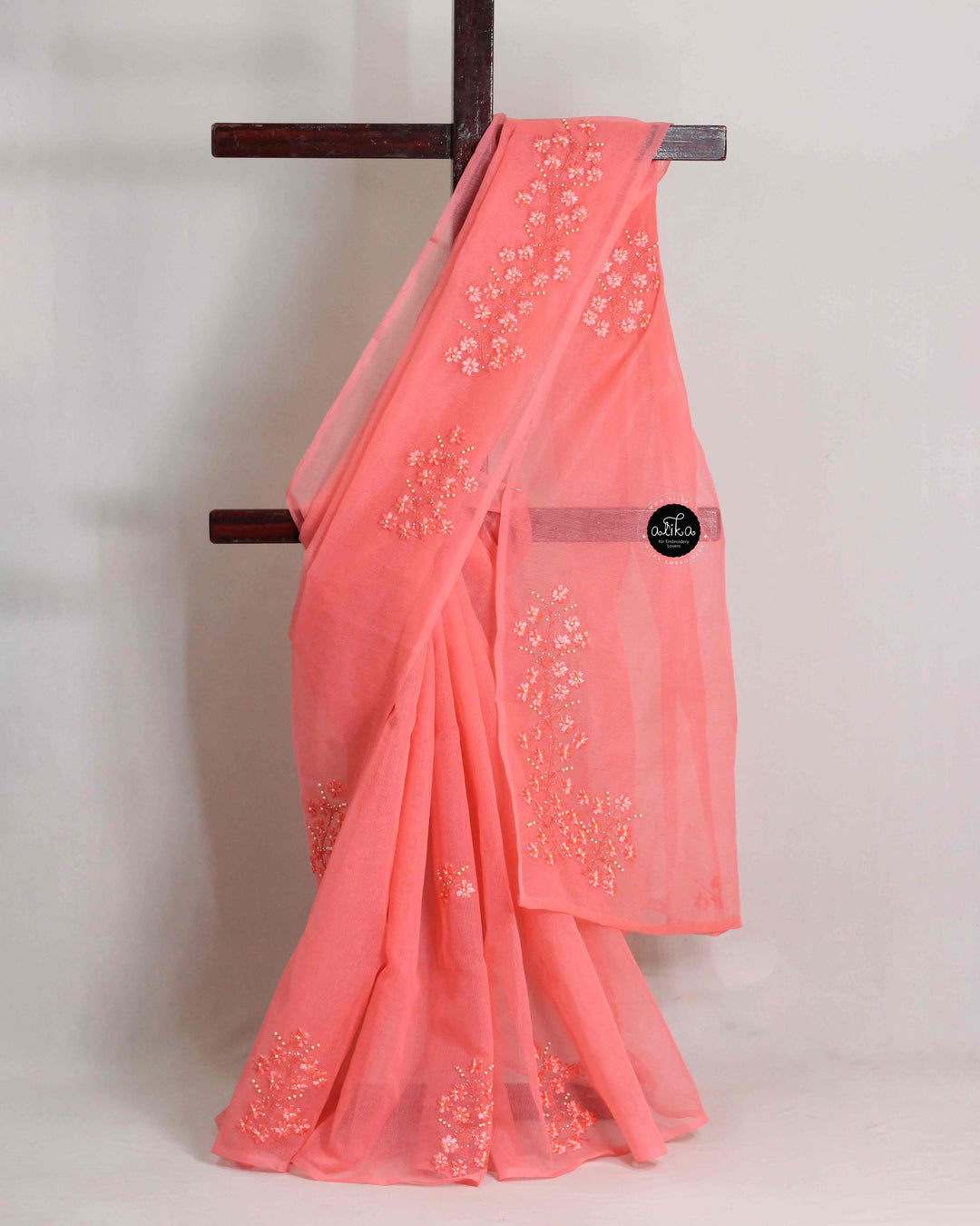 Dark Peach Kota Saree with Floral Ribbon Work