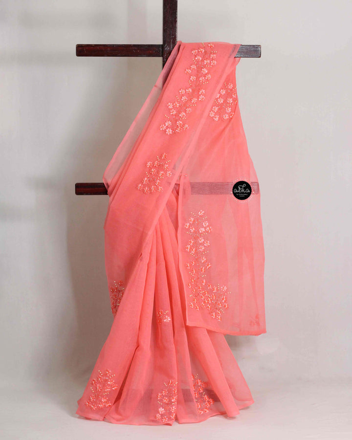 Dark Peach Kota Saree with Floral Ribbon Work