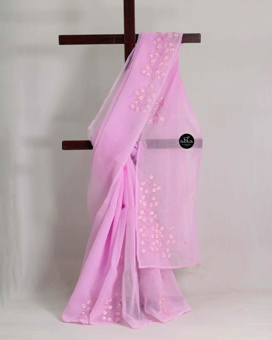 Lavender Rose Kota Saree with Floral Ribbon Work