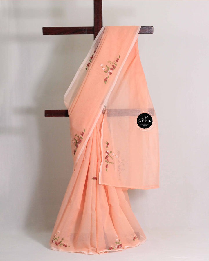 Light Peach Kota Saree with Floral Hand Embroidery