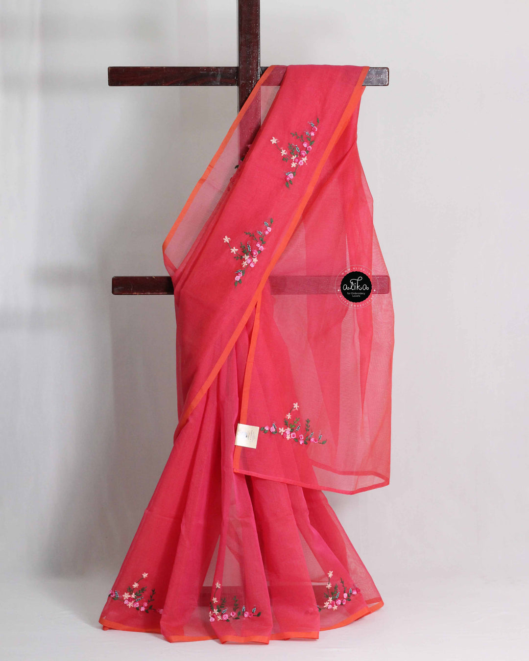 Warm Pink Kota Saree with Floral Hand Embroidery