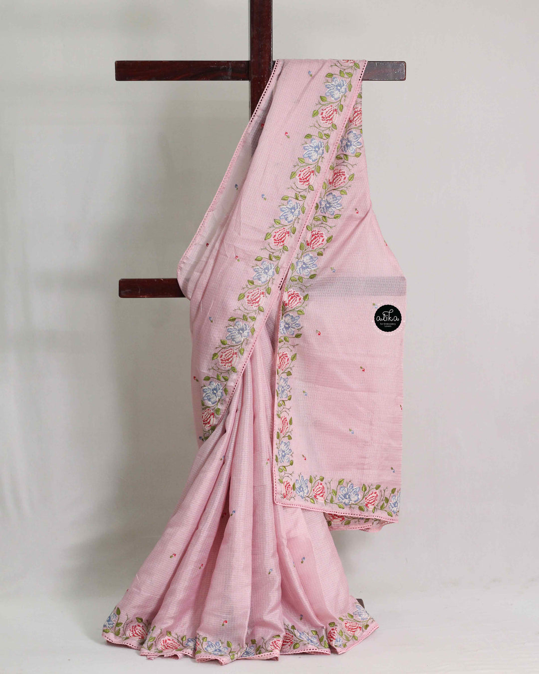 Light Pink Silky Kota Saree with Floral Machine Embroidery Border