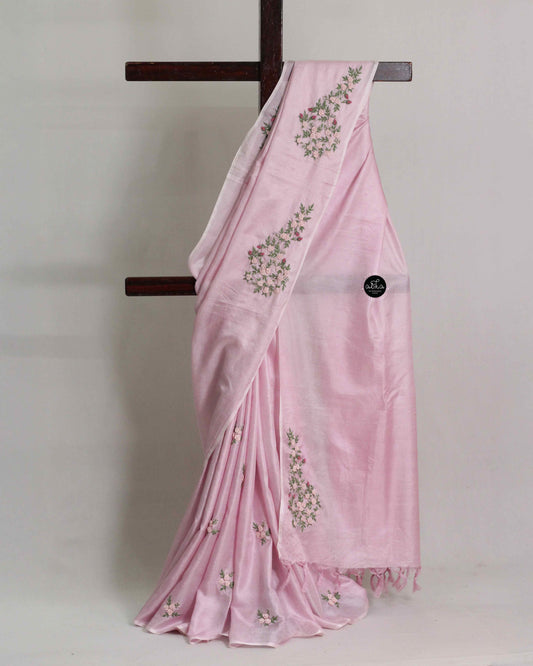 Light Pink Semi Tussar Silk Saree with Hand Embroidery & Bead Work