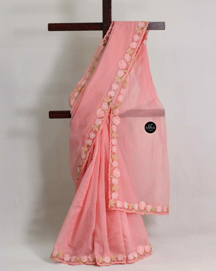 Peach Kota Saree with Floral Cutwork Border