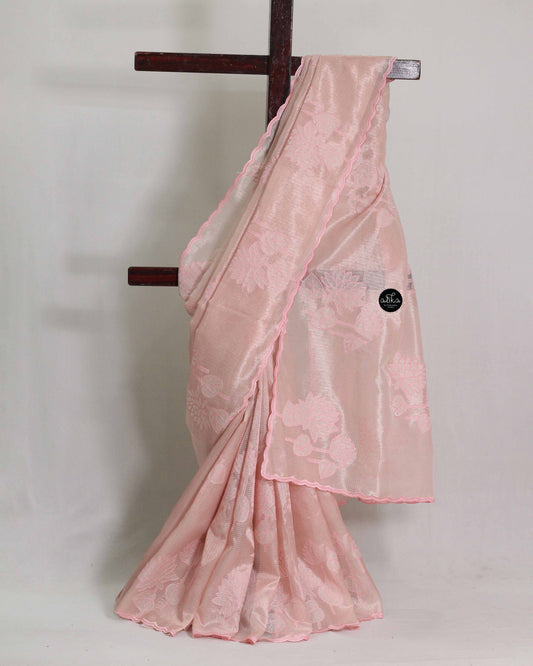 Light Pink Semi Tissue Saree with Appliqué Work and Printed blouse Material