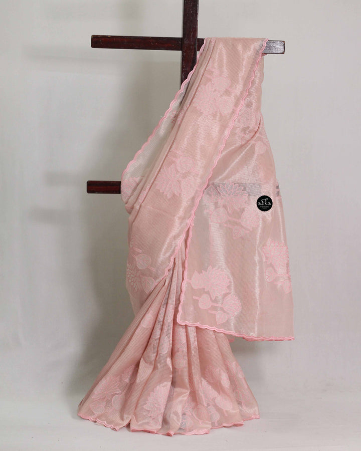 Light Pink Semi Tissue Saree with Appliqué Work and Printed blouse Material