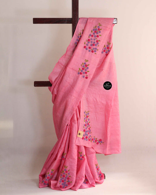 Magenta Rose Tussar Silk Saree with Floral Hand Embroidery