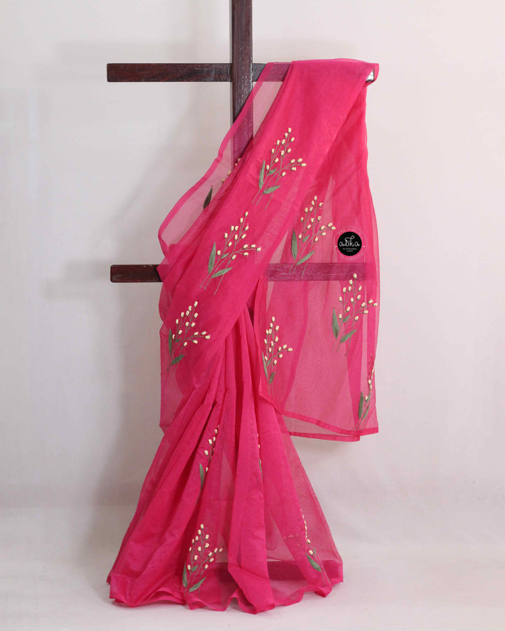 Dark Pink Kota Saree with Floral Hand Embroidery