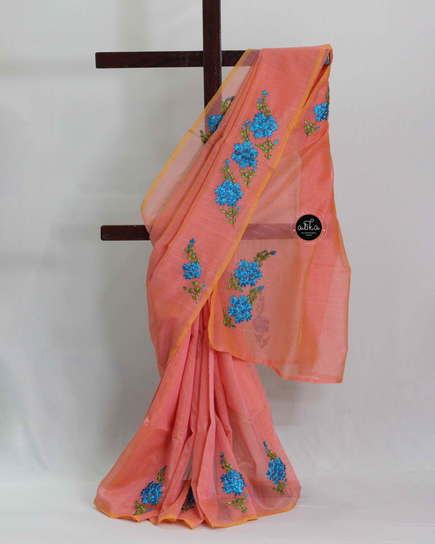 Peach Kota Saree with Floral Ribbon Work