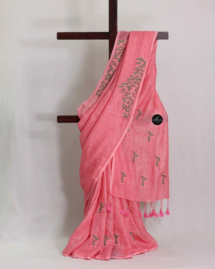 Salmon Pink Pure Linen Saree with Hand Embroidery