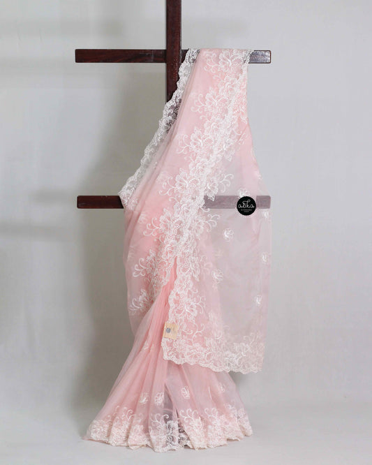 Pastel Pink Organza Saree with Floral Machine Embroidery