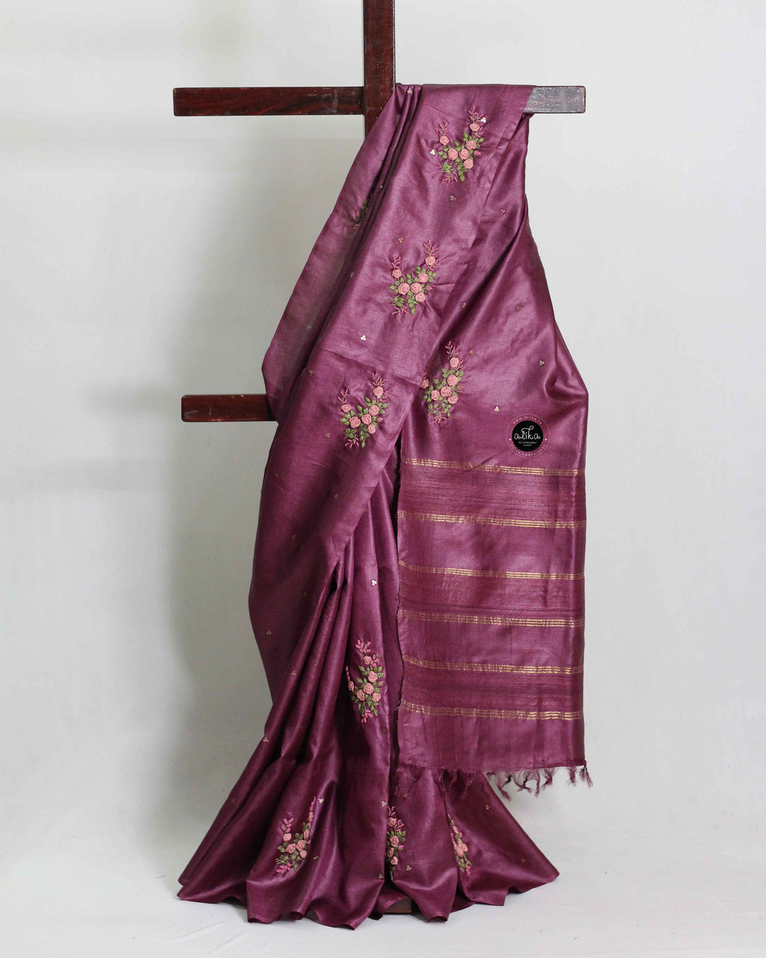 Dark mauve pure Tussar Silk Saree with Floral Hand Embroidery