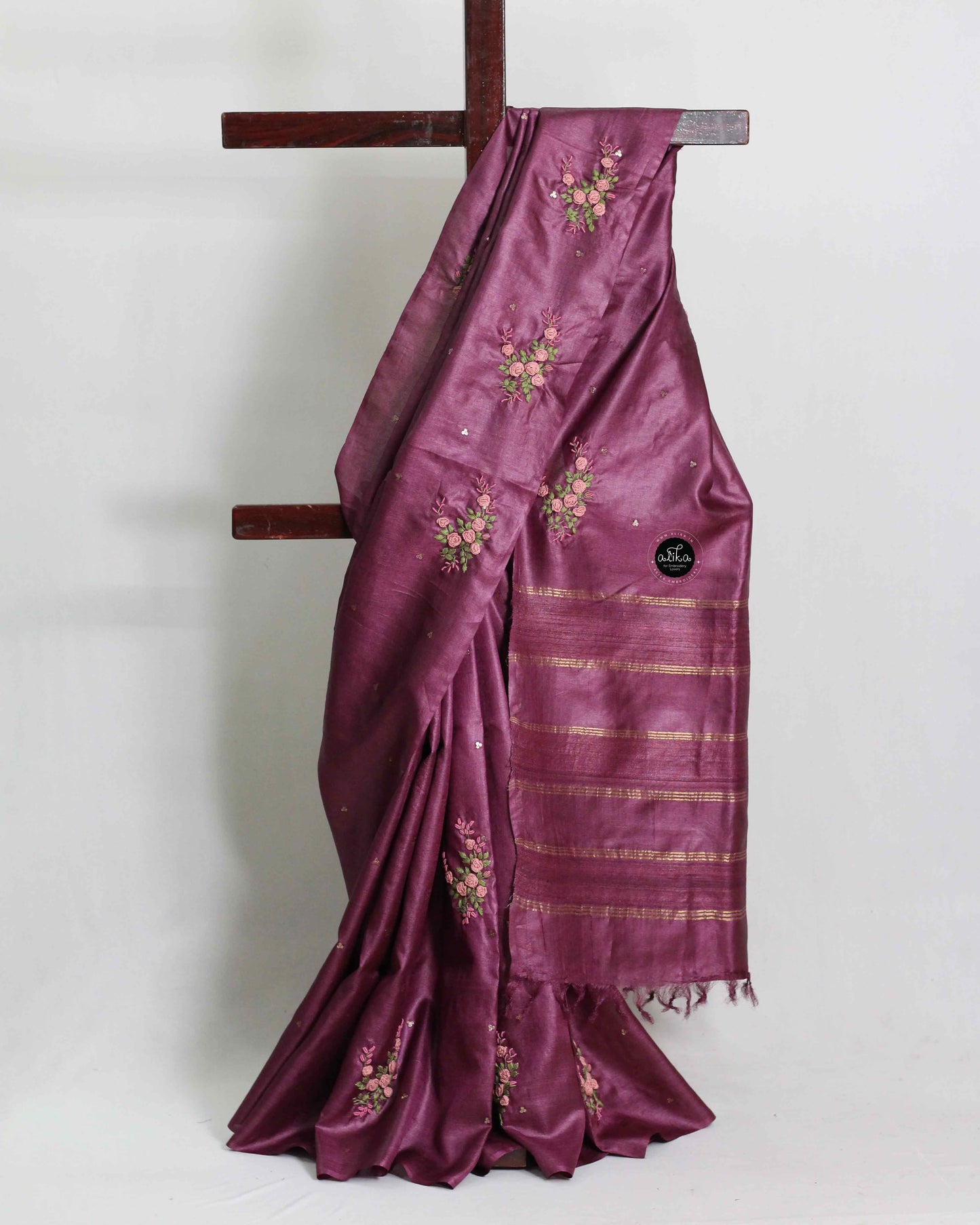 Dark mauve pure Tussar Silk Saree with Floral Hand Embroidery