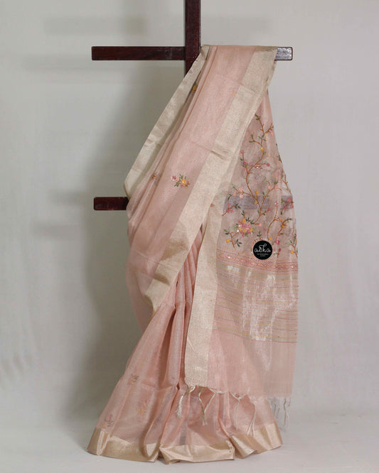 Rose Gold Semi Tissue Saree with Floral Hand Embroidery