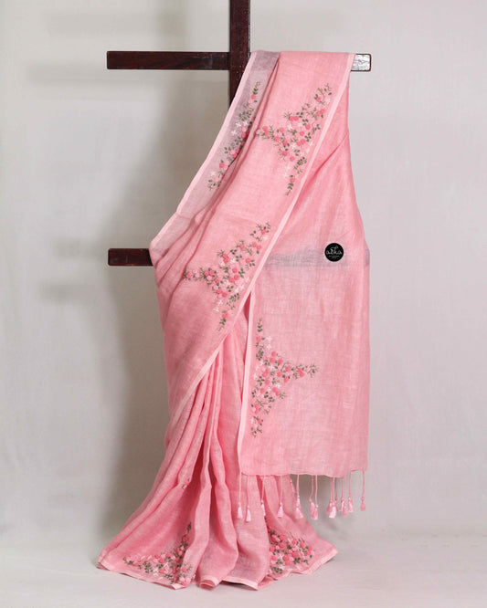 Pastel Pink Pure Linen Saree with Floral Hand Embroidery
