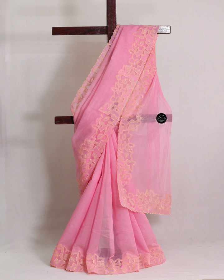Light Pink Kota Saree with Floral Applique Border