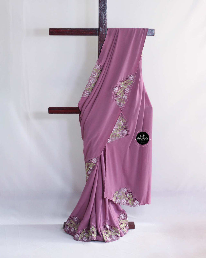 Dark Lilac Soft Crepe Saree with Scattered Cutwork