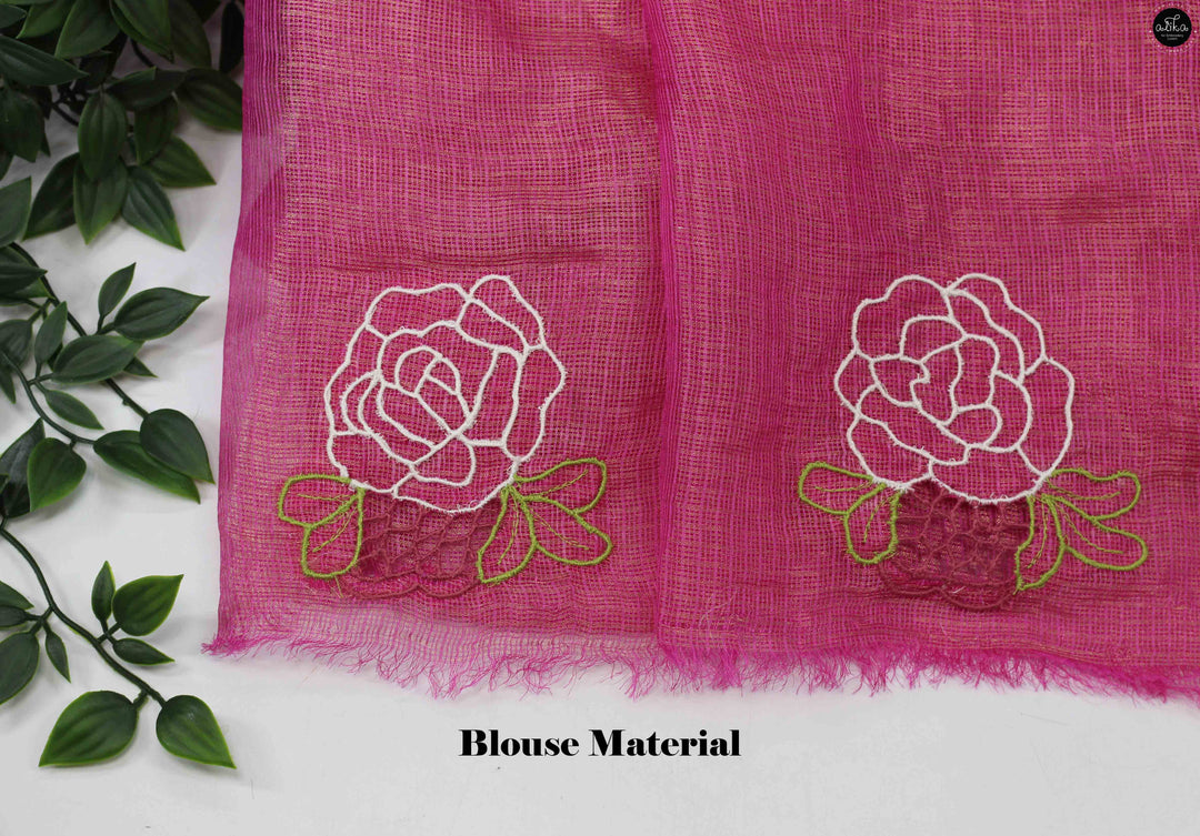 Raspberry Pink Pure Tissue Saree with Floral Twine Cutwork