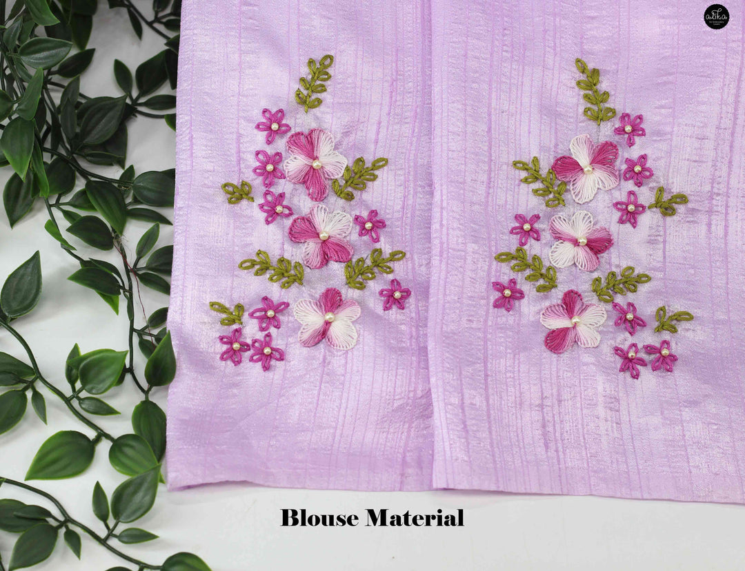 Lavender Semi Silk Saree with Floral Hand Embroidery