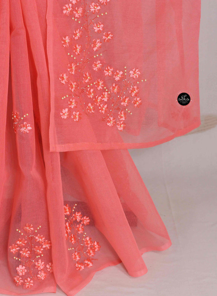 Dark Peach Kota Saree with Floral Ribbon Work