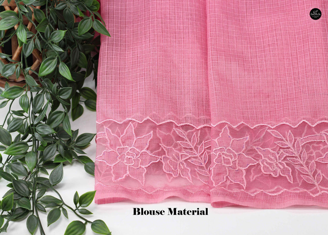 Salmon Pink Silky Kota Saree with Floral Appliqué Border