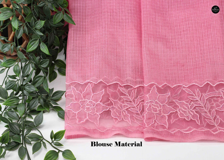 Salmon Pink Silky Kota Saree with Floral Appliqué Border