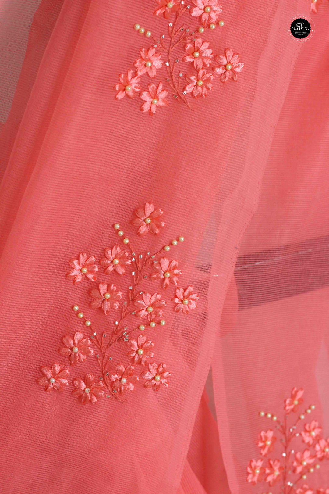 Dark Peach Kota Saree with Floral Ribbon Work