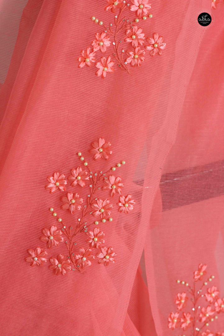 Dark Peach Kota Saree with Floral Ribbon Work