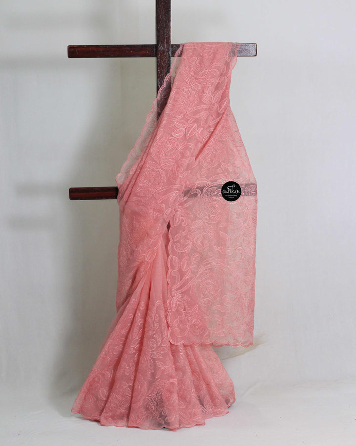 Blush Pink Crushed Silk Saree with Floral Machine Embroidery