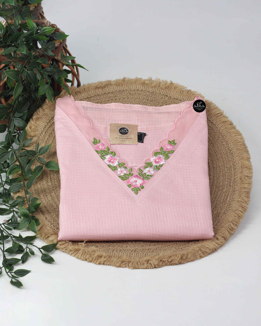 light Pink Stitched Kurti with Floral Embroidery on Neckline & Sleeves