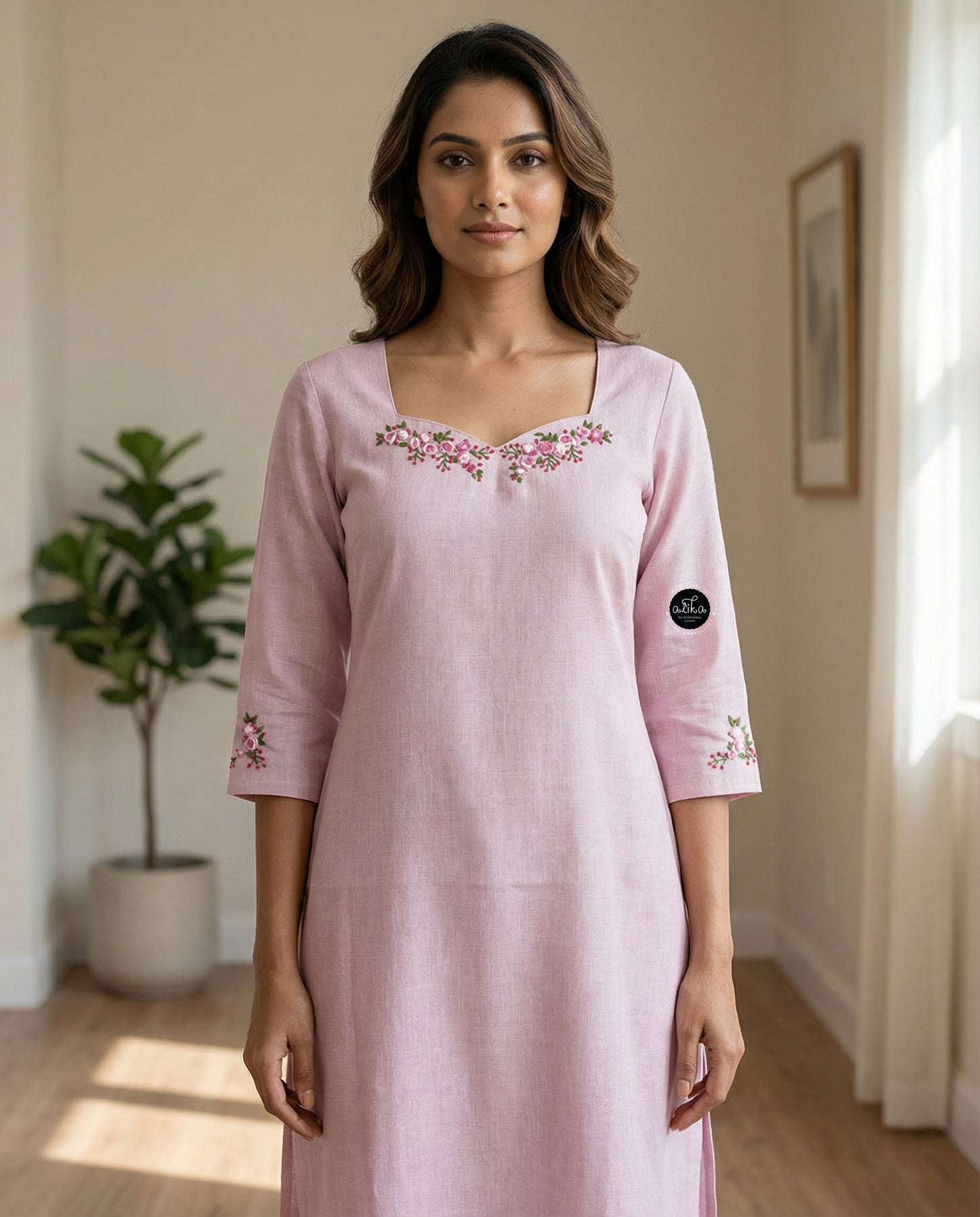 lavender Semi-Linen Stitched Kurti with Floral Hand Embroidery on Neckline & Top of the Sleeves