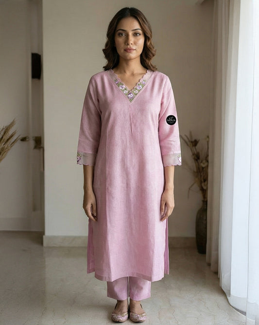Lilac Stitched Kurti with Floral Embroidery on Neckline & Sleeves