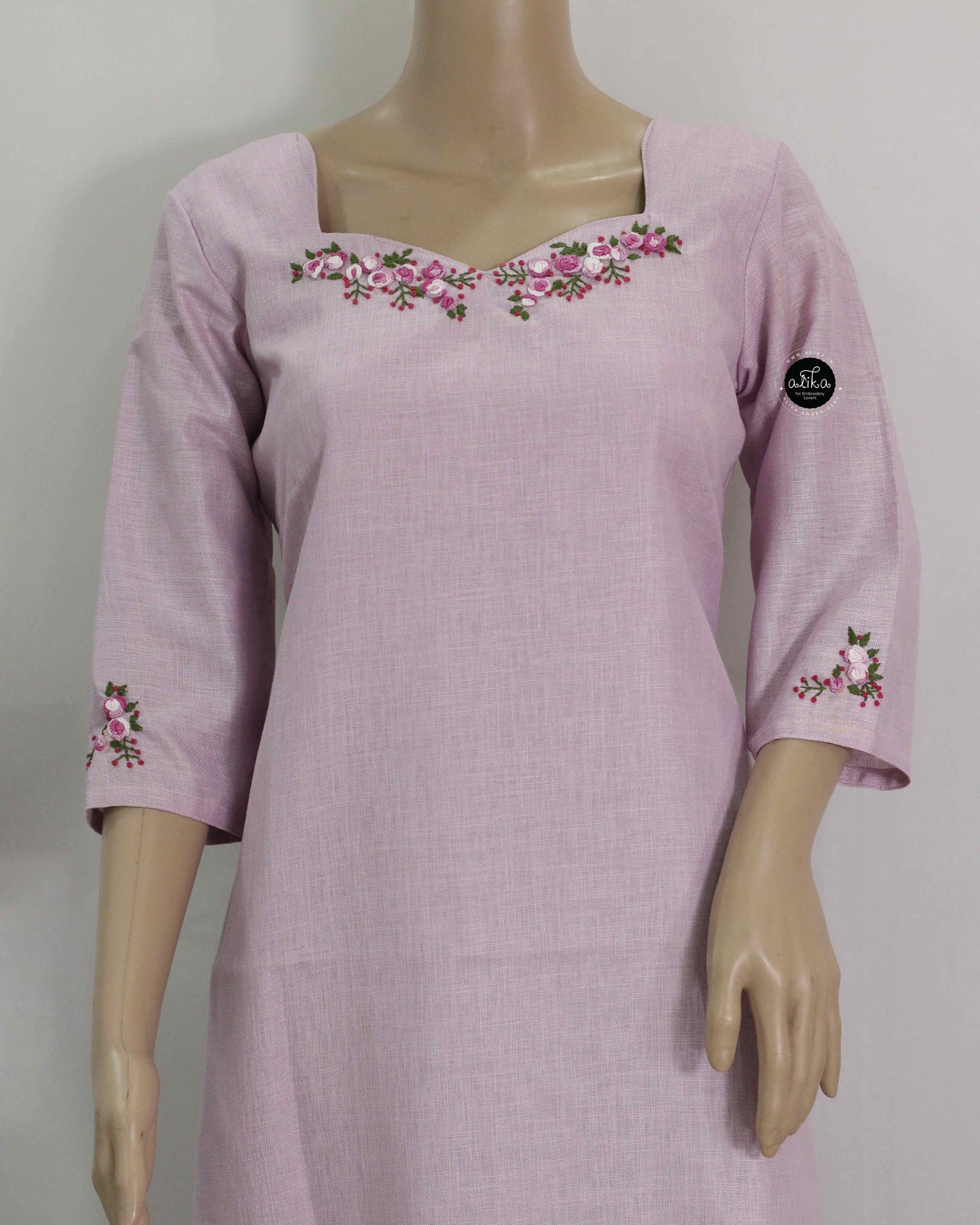 lavender Semi-Linen Stitched Kurti with Floral Hand Embroidery on Neckline & Top of the Sleeves