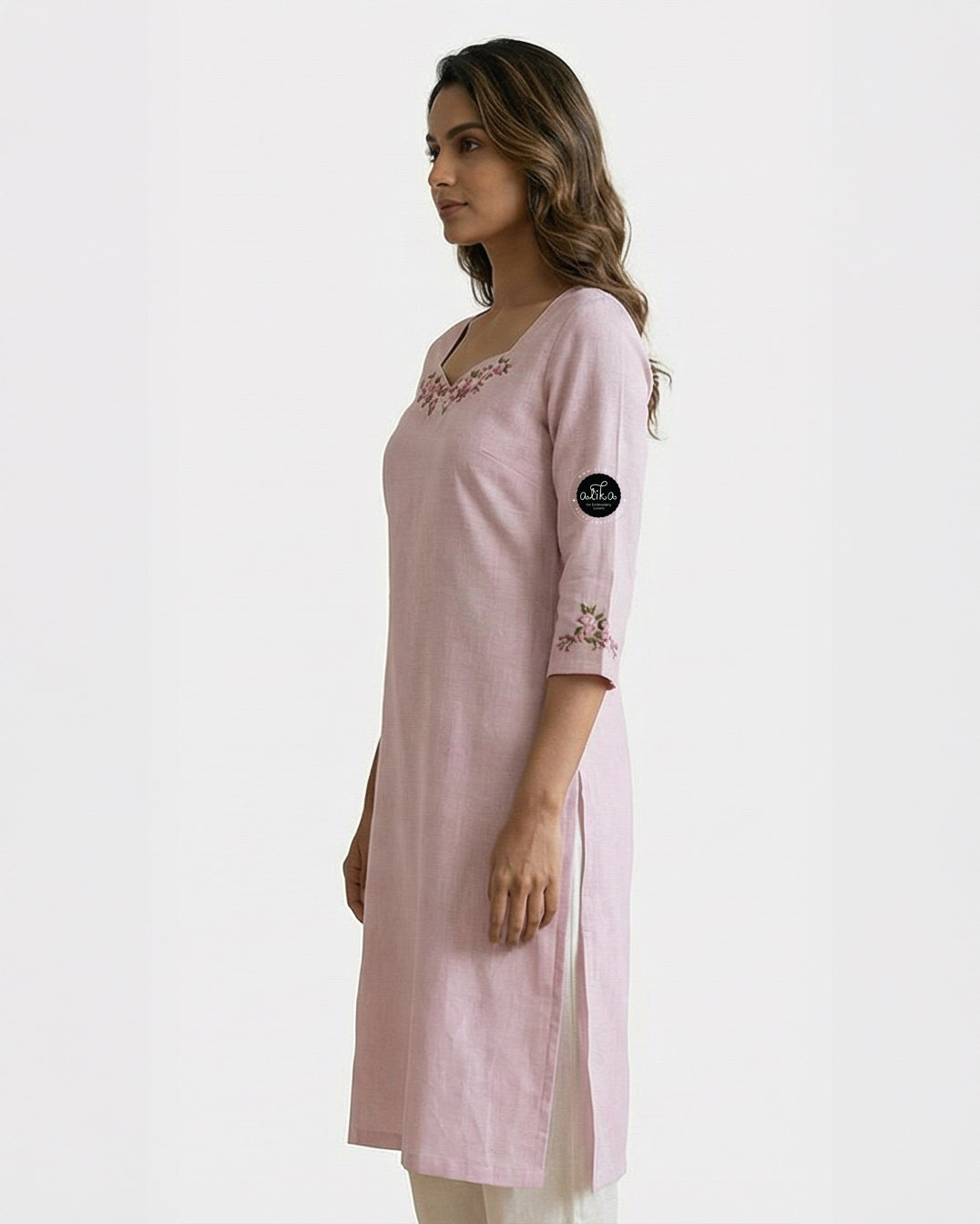 lavender Semi-Linen Stitched Kurti with Floral Hand Embroidery on Neckline & Top of the Sleeves
