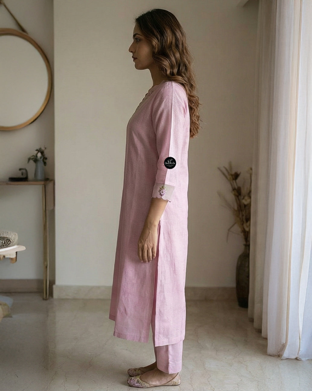 Lilac Stitched Kurti with Floral Embroidery on Neckline & Sleeves