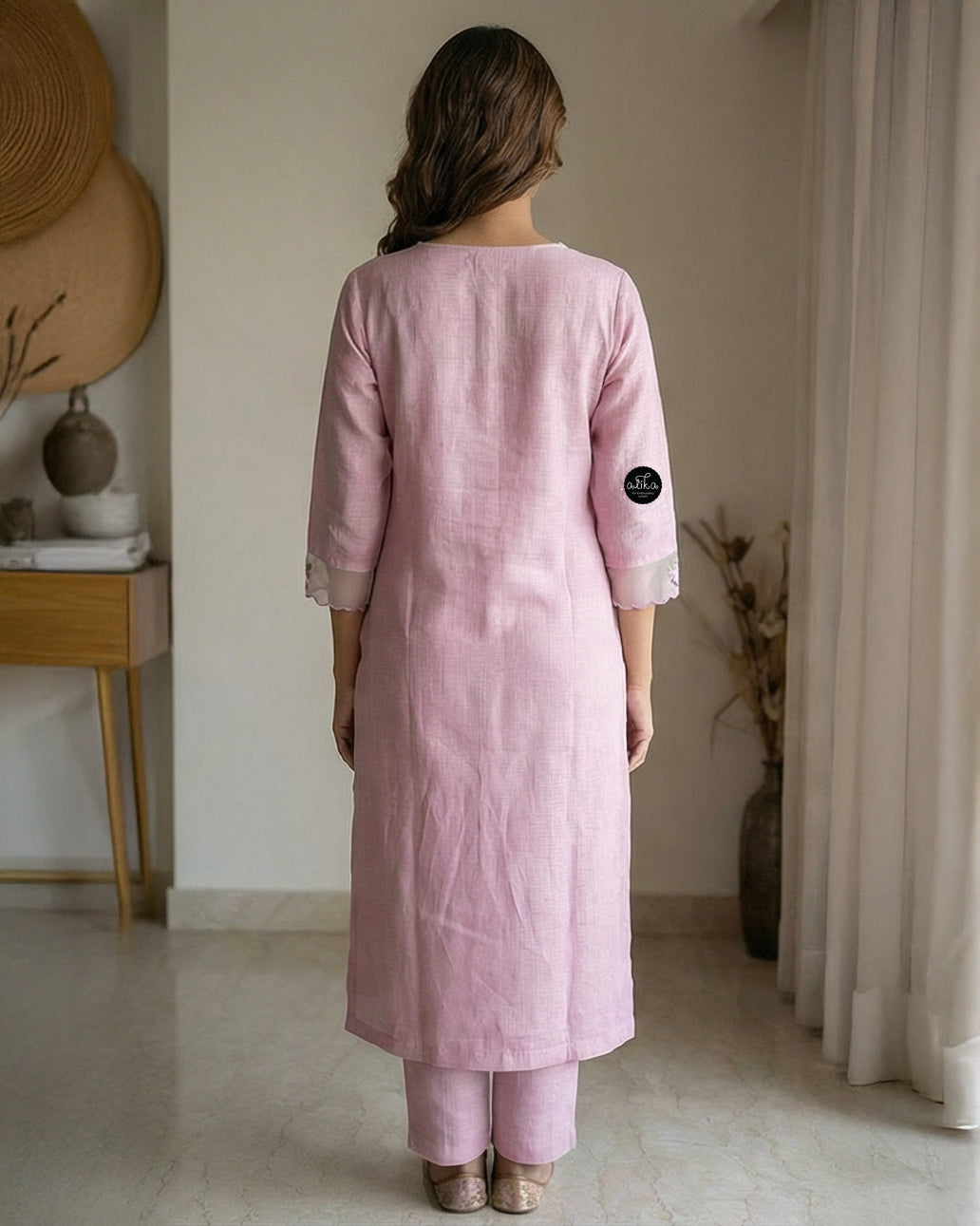 Lilac Stitched Kurti with Floral Embroidery on Neckline & Sleeves