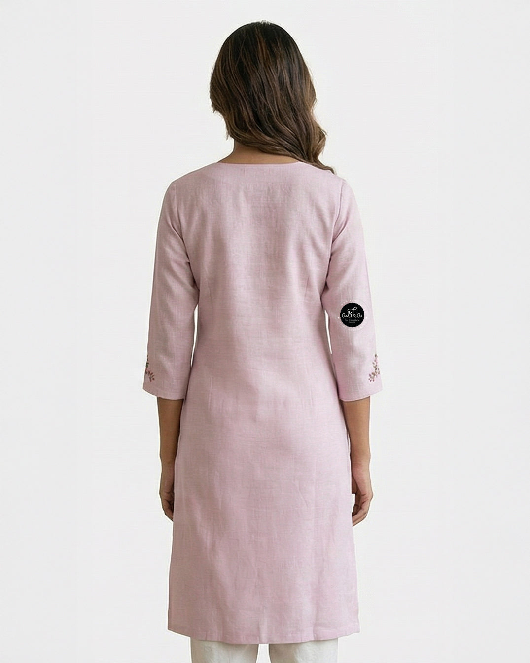 lavender Semi-Linen Stitched Kurti with Floral Hand Embroidery on Neckline & Top of the Sleeves