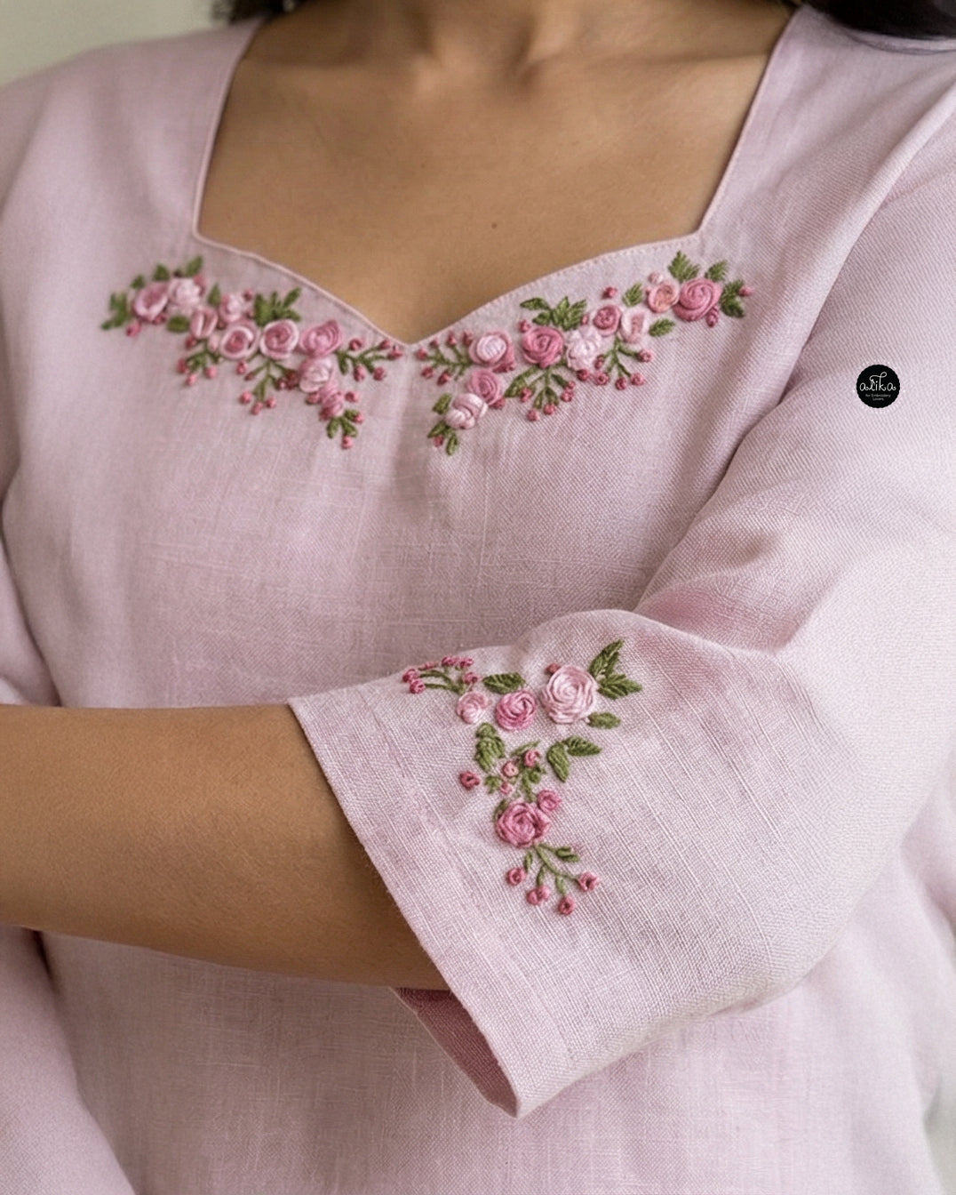 lavender Semi-Linen Stitched Kurti with Floral Hand Embroidery on Neckline &amp; Top