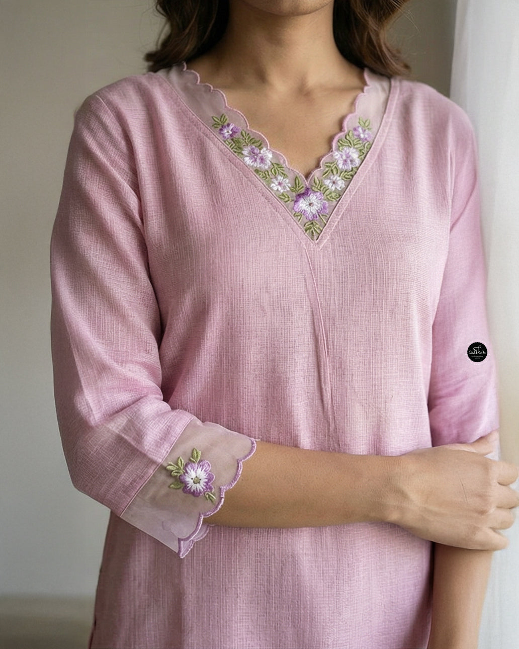 Lilac Stitched Kurti with Floral Embroidery on Neckline & Sleeves
