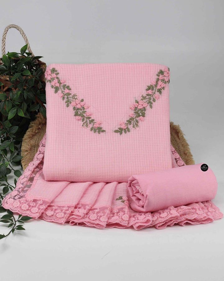 Pastel Pink Pure cotton Unstitched Salwar Set with Floral Hand Embroidery &amp;