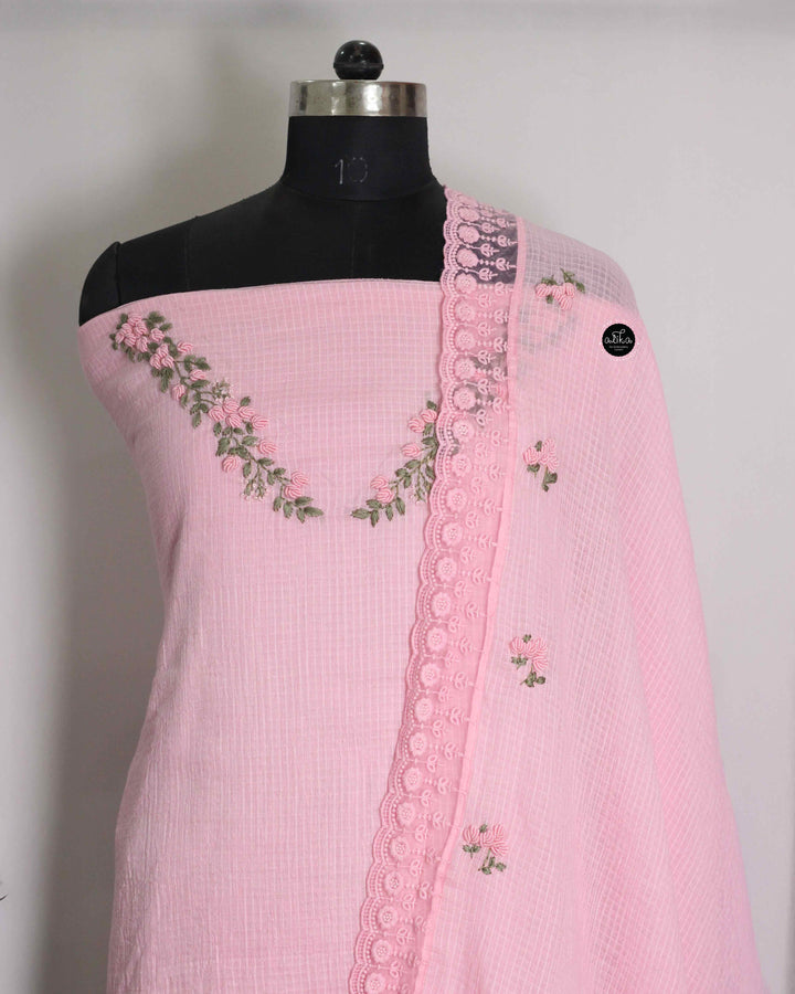 Pastel Pink Pure cotton Unstitched Salwar Set with Floral Hand Embroidery &amp;