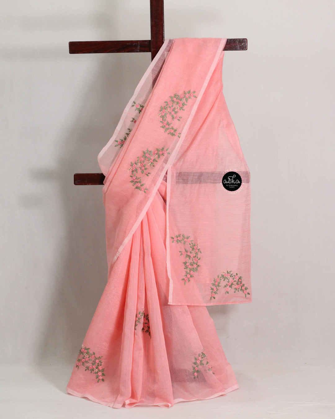 Peach Kota Saree with Floral Hand Embroidery