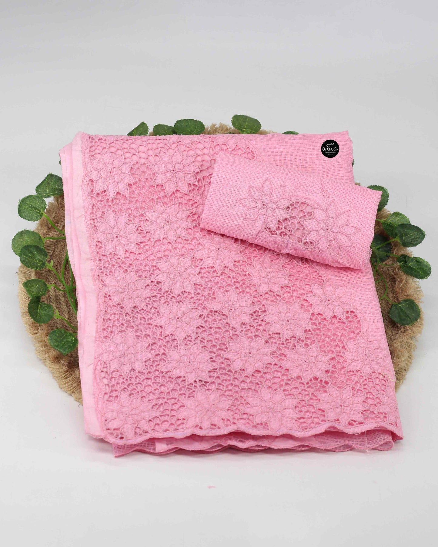 Pink Cotton Kota Saree with Floral Twine Cutwork