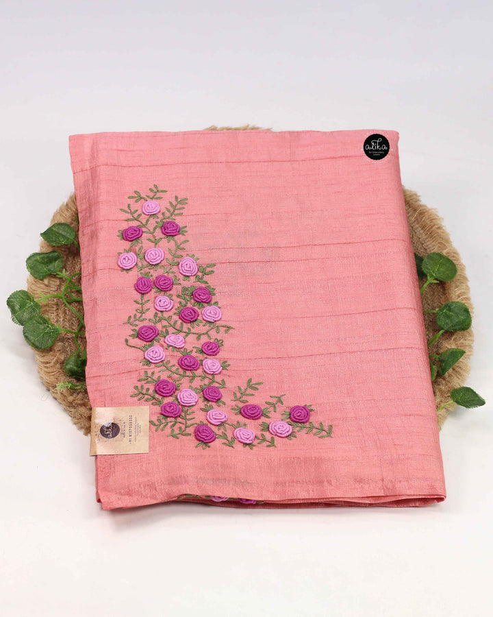Peach Designer Silk Saree with Floral Hand Embroidery