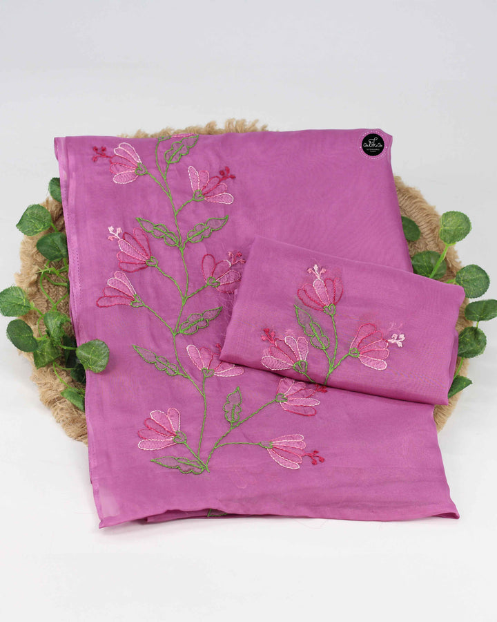 Purple Pink Organza Saree with Floral Shadow Work
