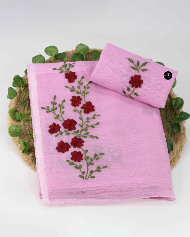 Lavender Rose Kota Saree with Floral Hand Embroidery