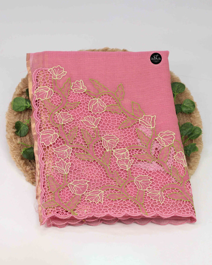 Peachish Pink Pure Tissue Saree with Floral Twine Cutwork