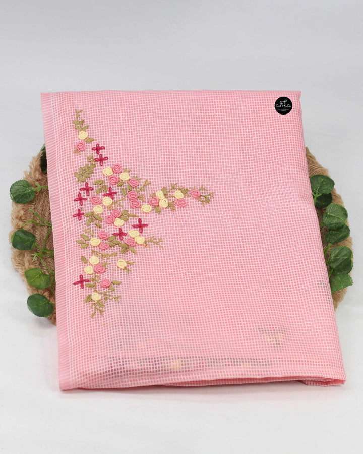 Blush Pink Bhagalpuri Silk Saree with Floral Hand Embroidery