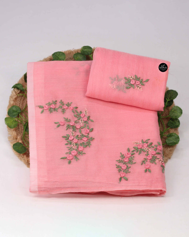 Peach Kota Saree with Floral Hand Embroidery