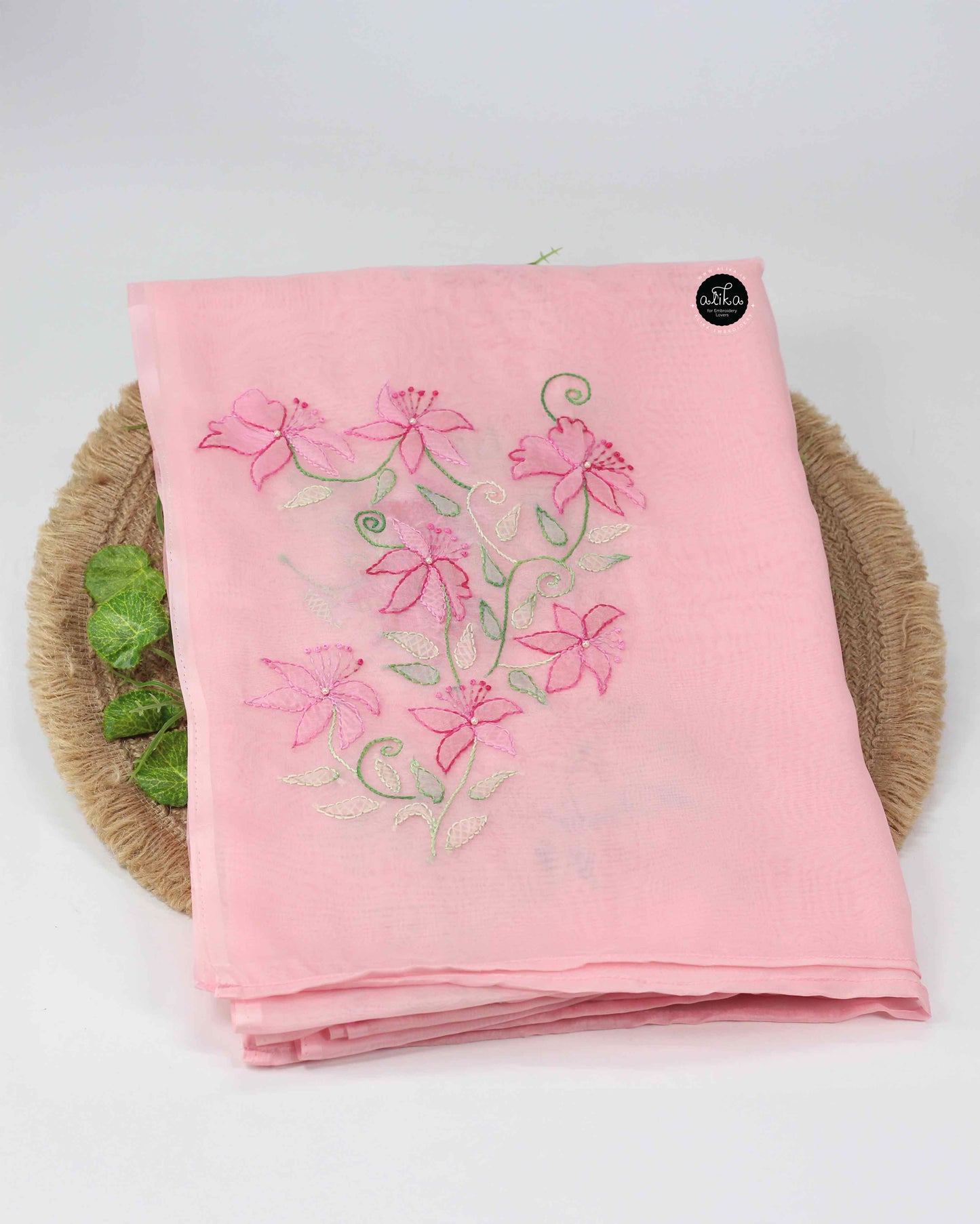 Light Pink Organza Saree with Floral Shadow Embroidery and Bead Work